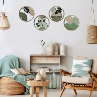 4 Bohemian Wall Art Set - Wooden Bohemian Decor, Geometric Hanging Artwork, Suitable for Baby Room, Farmhouse Aesthetic Minimali